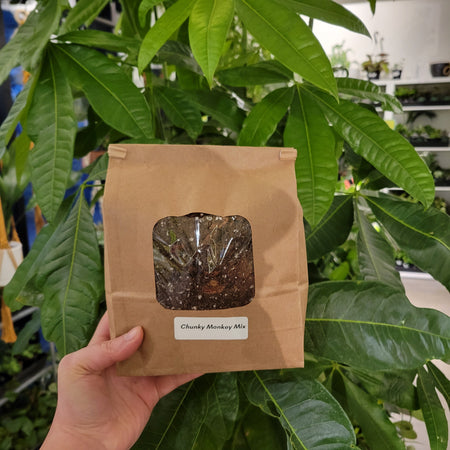 Hand holding a bag of Chunky Monkey potting mix