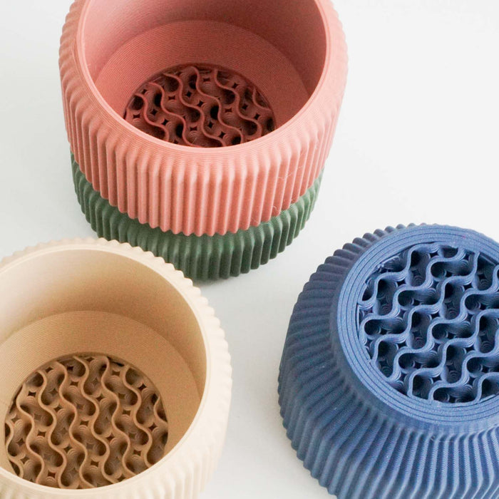 Pink and blue Cedar planters with perforated base inserts