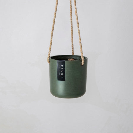 Olive green Signature Stone hanging planter on a rope