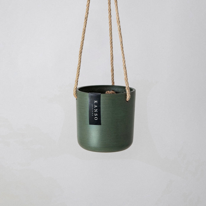 Olive green Signature Stone hanging planter on a rope