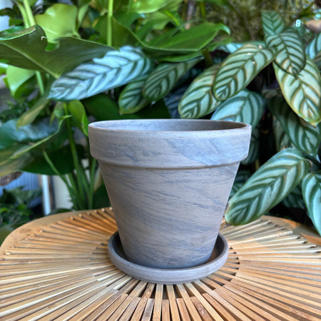 Empty dark marble terracotta planter with saucer on a woven tray