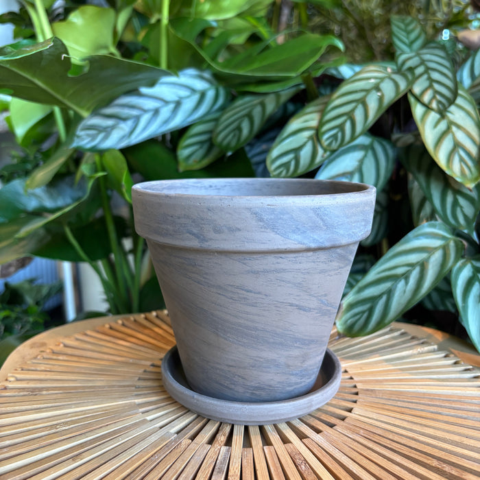 Empty dark marble terracotta planter with saucer on a woven tray
