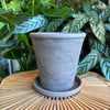 Tapered dark marble terracotta planter with tray in front of plants