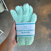 Hand holding mint green plant cleaning gloves