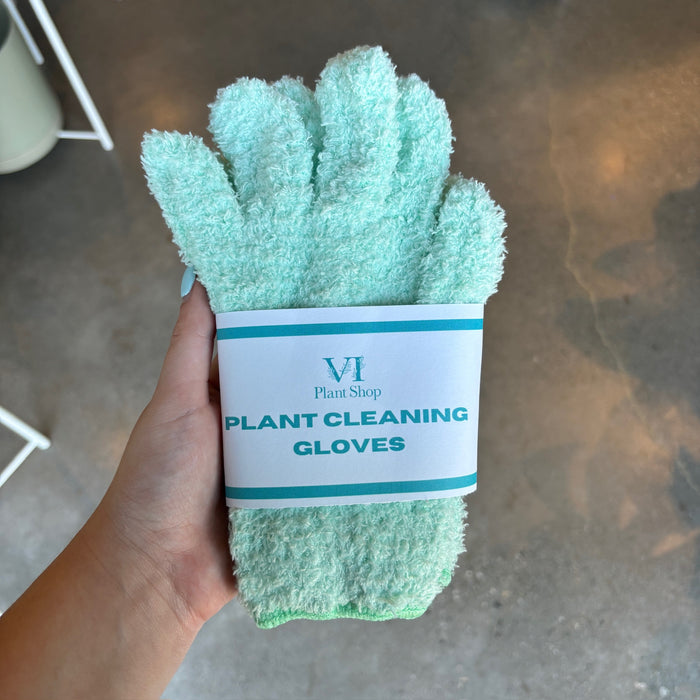 Hand holding mint green plant cleaning gloves