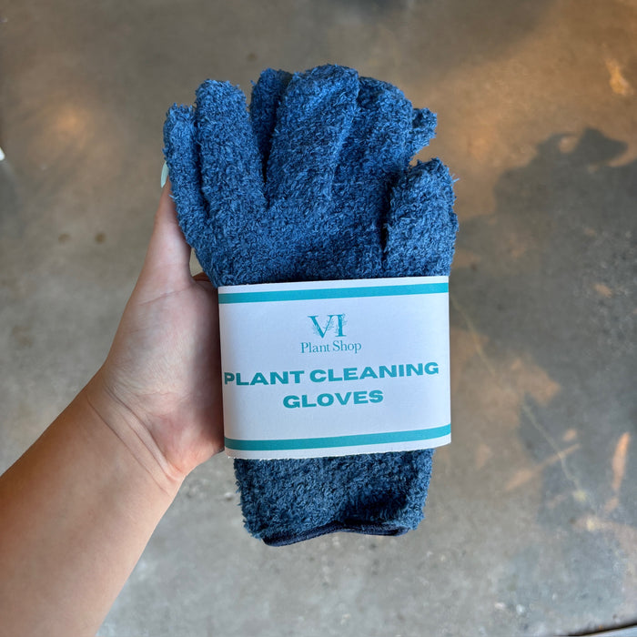 Hand holding navy plant cleaning gloves