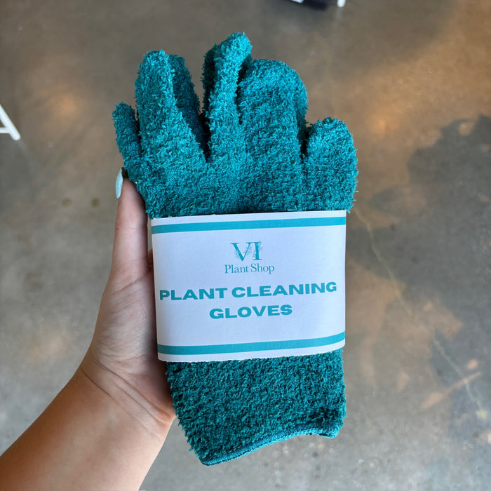 Hand holding teal plant cleaning gloves