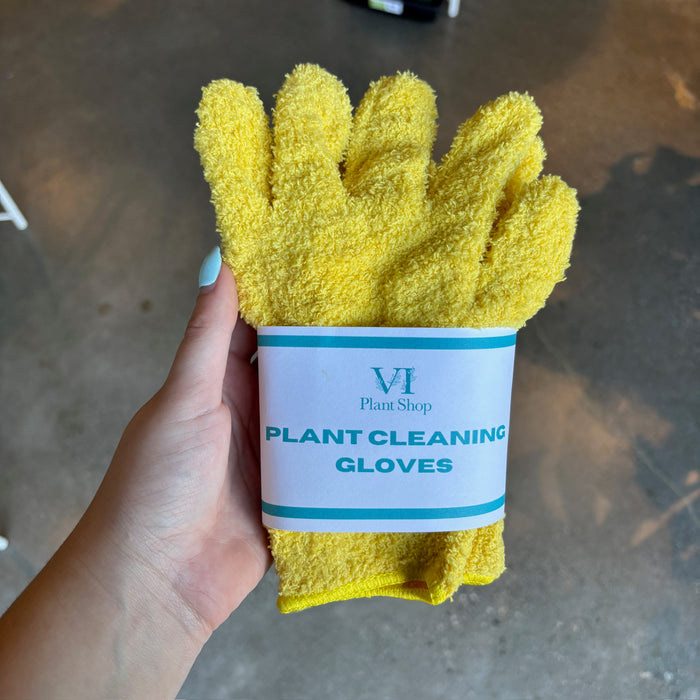 Hand holding yellow plant cleaning gloves