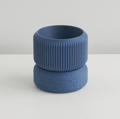 Midnight blue Cedar planter stacked on its matching saucer