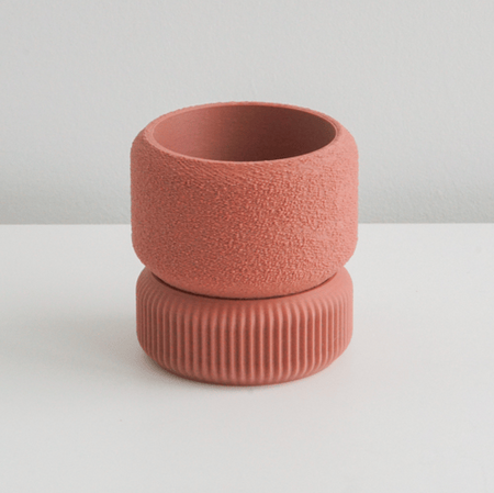 Salmon Cedar planter stacked on its matching saucer