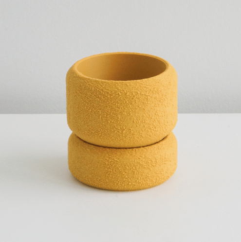 Mustard Cedar planter stacked on its matching saucer