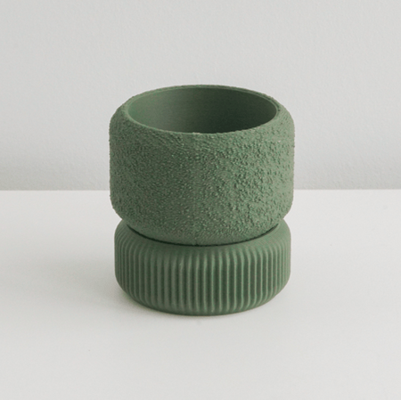Olive Cedar planter stacked on its matching saucer
