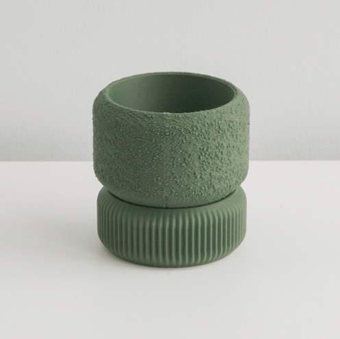 Olive Cedar planter stacked on its matching saucer