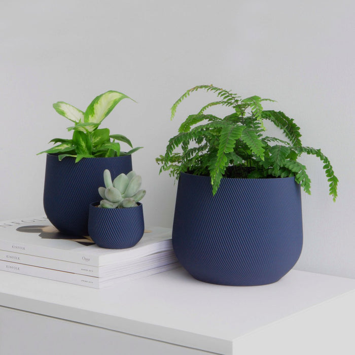 Plants in midnight blue Juniper cover pots on a white shelf