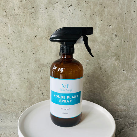 Houseplant Spray bottle with a blue label against a concrete wall