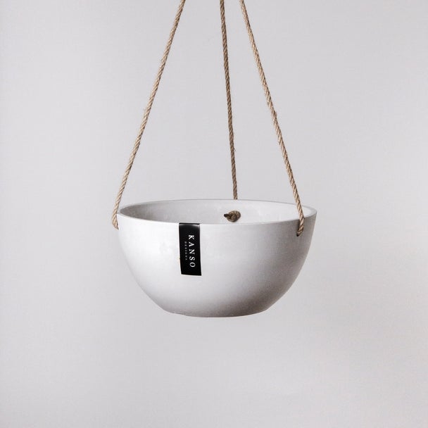 White Signature Stone hanging planter, side view